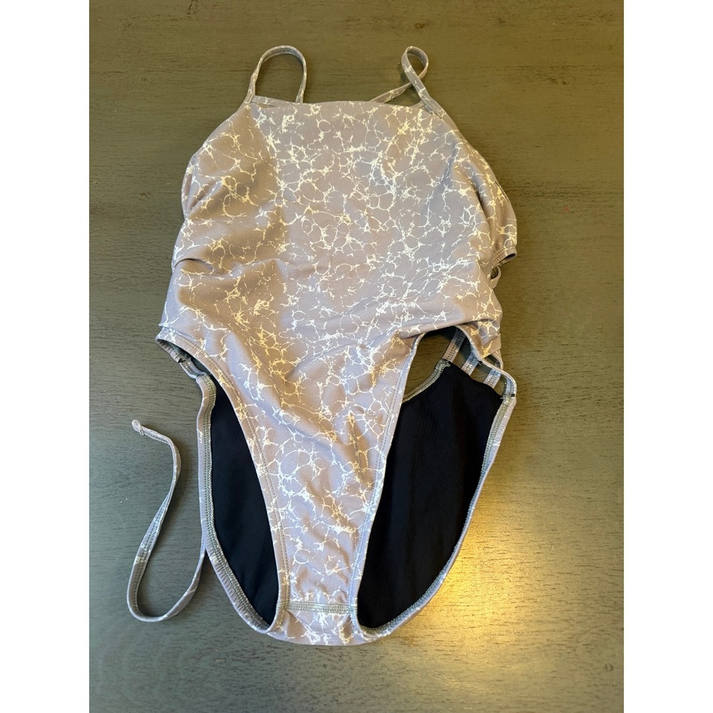 Jolyn Gavin One Piece Swimsuit Size 32 Purple Marble Print Lace Up Back Cutout